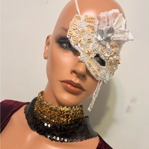 Burlesque Beaded Eyepatch Victorians One of Elegant White and Gold Lace Eye Mask